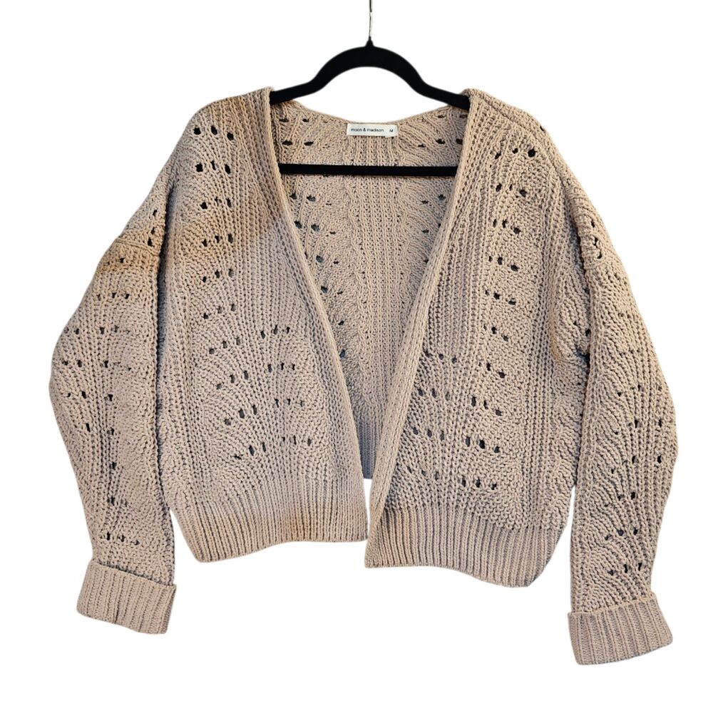 Moon & Madison Open-Knit Cropped Cardigan Sweater Beige Women's Medium
